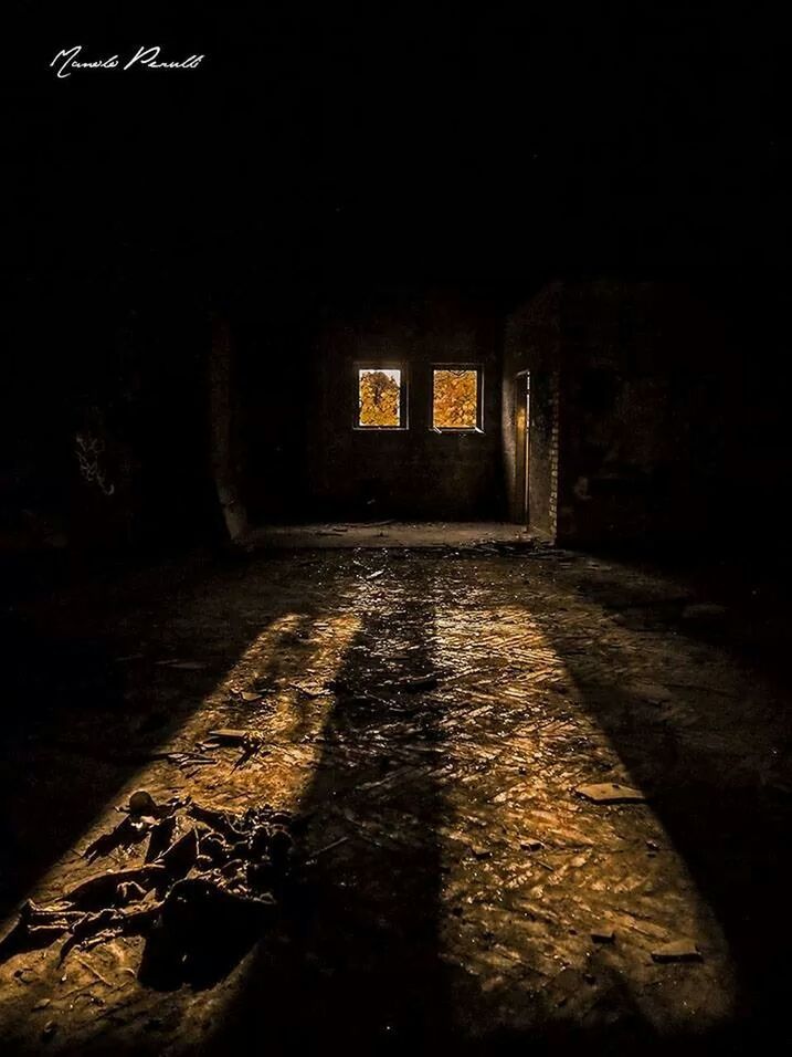 architecture, built structure, building exterior, night, abandoned, the way forward, wall - building feature, dark, old, building, house, illuminated, obsolete, brick wall, street, no people, window, damaged, shadow, outdoors