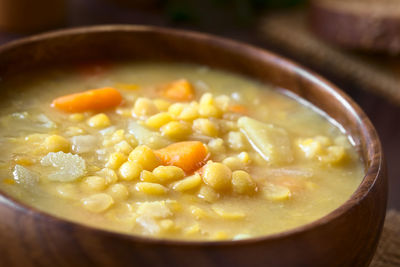 High angle view of soup in bowl on table