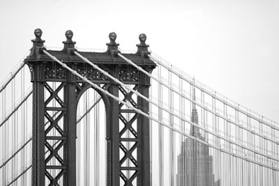 Low angle view of suspension bridge against clear sky