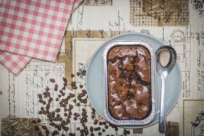 High angle view of brownies served on table