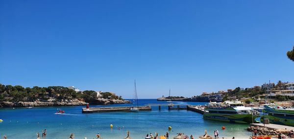 Sailboats moored in harbor against clear blue sky