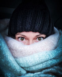 Close-up of woman wearing knit hat