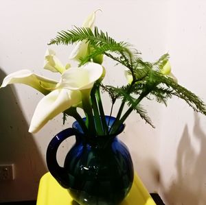 Close-up of white flowers in vase against wall