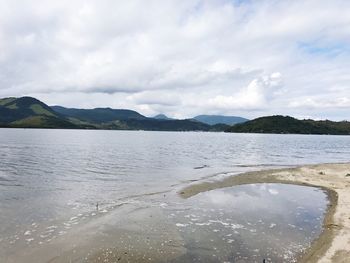 Scenic view of sea and mountains against sky