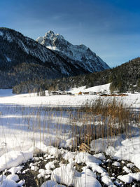 View to wetterstein in the bavarian alps from frozen lautersee near mittenwald