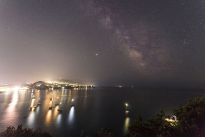 Milkyway shining above a colorful harbor