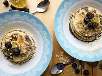 High angle view of breakfast served on table