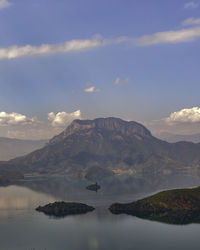 Scenic view of lake and mountains against sky