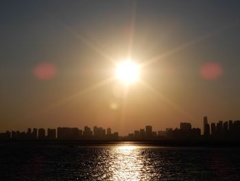 Scenic view of sea by buildings against sky during sunset