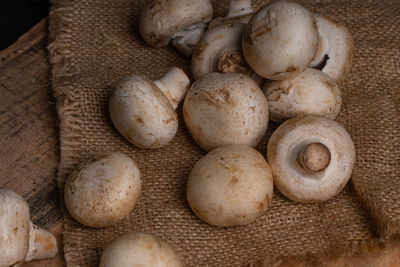 High angle view of mushrooms in basket