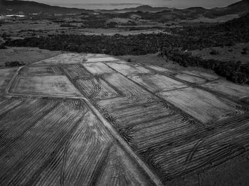 High angle view of tire tracks on land