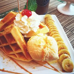 Close-up of dessert served on table