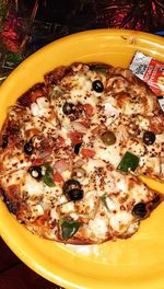 High angle view of pizza in plate