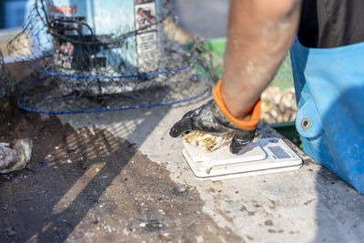 Low section of man standing in puddle