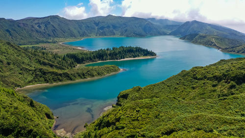 Scenic view of lake and mountains against sky