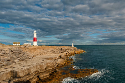 Portland bill lighthouse. isle of portland, uk. a way-mark guiding vessels in english channel.