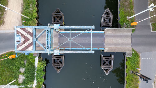 Top view aerial of a draw bridge over the canal dessel-schoten in rijkevorsel, antwerp, belgium