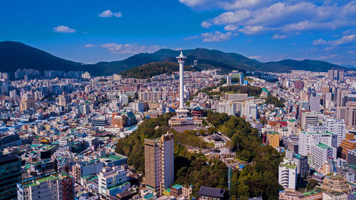 High angle view of buildings in city