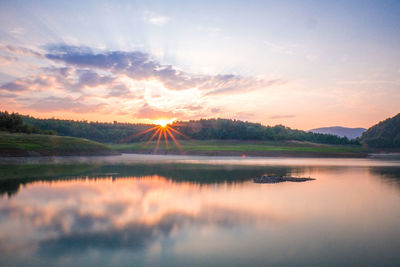 Scenic view of lake against sky during sunset