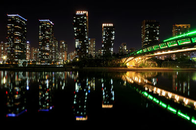 Reflection of illuminated buildings in river at night