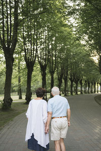 Back view of senior couple strolling hand in hand in a park