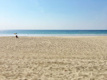 Low section of person on beach against clear sky