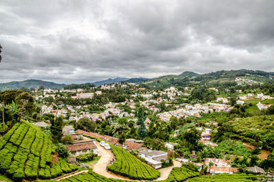 High angle view of buildings against sky