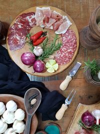 High angle view of fruits and vegetables on table