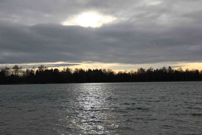 Scenic view of lake against cloudy sky