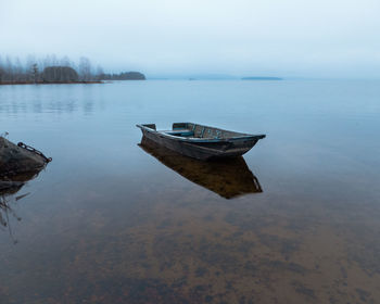 Boat moored on lake against sky