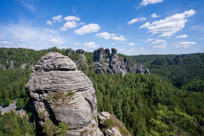 Panoramic shot of rocks on land against sky near bastei - saxony switzerlnd 