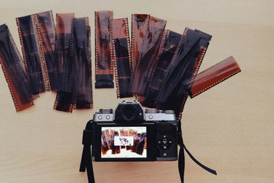 High angle view of camera on table