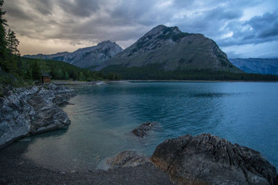 Scenic view of lake by mountains against sky