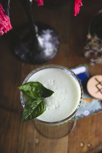 High angle view of drink on table