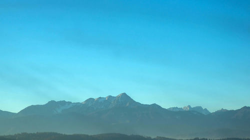 Scenic view of mountains against clear blue sky