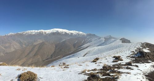 Scenic view of snowcapped mountains against clear sky