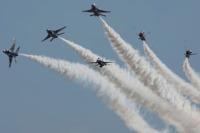Low angle view of airshow against sky