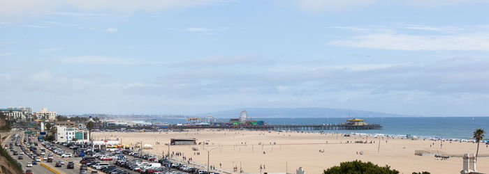 High angle view of beach against sky in city