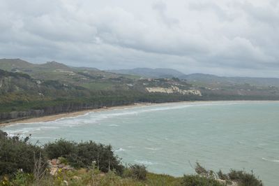 High angle view of town by sea