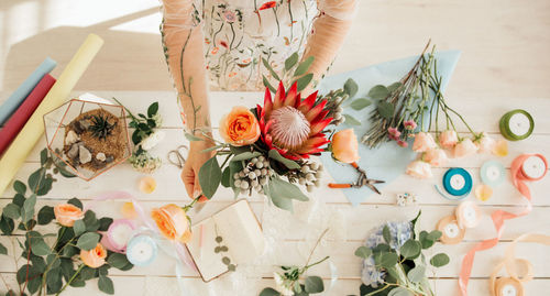 High angle view of rose bouquet on table