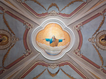 Directly below shot of ornate ceiling in building