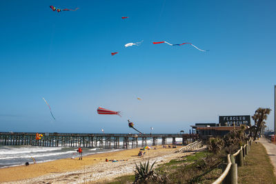 Birds flying over beach against clear sky