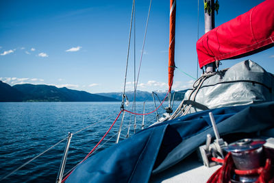 A view from a sailing boat cruising the norway fjords. sailing vessel in the fjord.