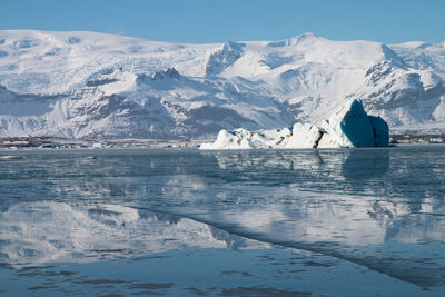 Scenic view of snow covered mountains