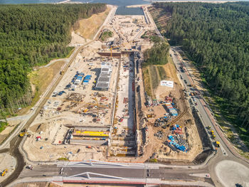 High angle view of a construction site in city, aerial view of the canal construction in poland. 