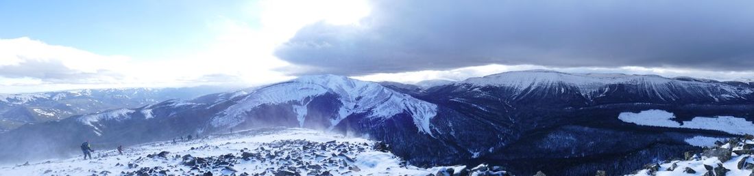 Scenic view of mountains against sky during winter