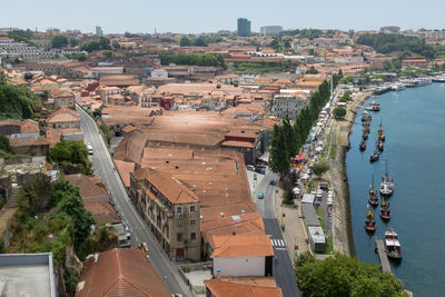 High angle view of river amidst buildings in city