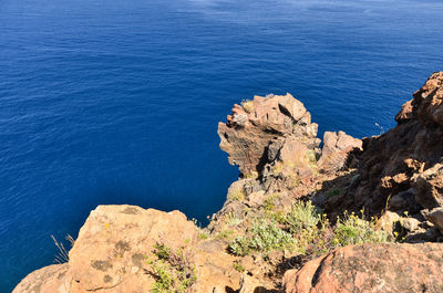 High angle view of rock formations in sea