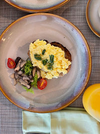 High angle view of breakfast served on table