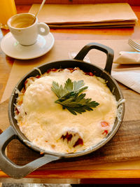 High angle view of meal served on table